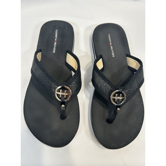 Tommy Hilfiger Black Glitter & Gold Flip Flop Women's Size 7.5 (measures 9.5") - Picture 3 of 4